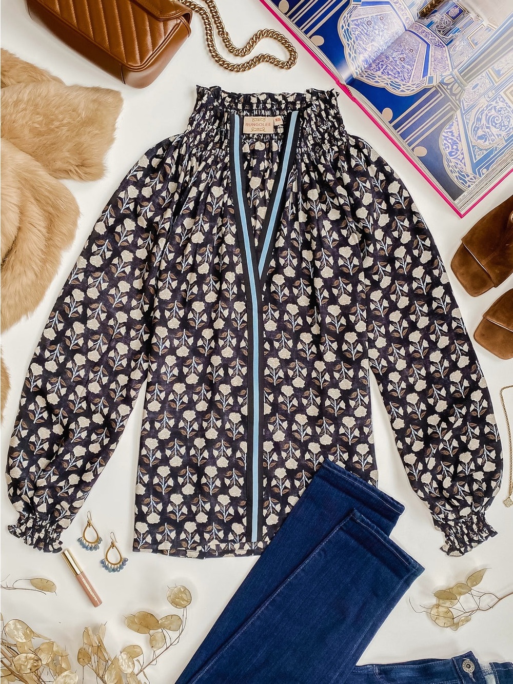 Rungolee Aspen Full Sleeve 100% Silk Blouse Midnight Jaipur Floral Medium